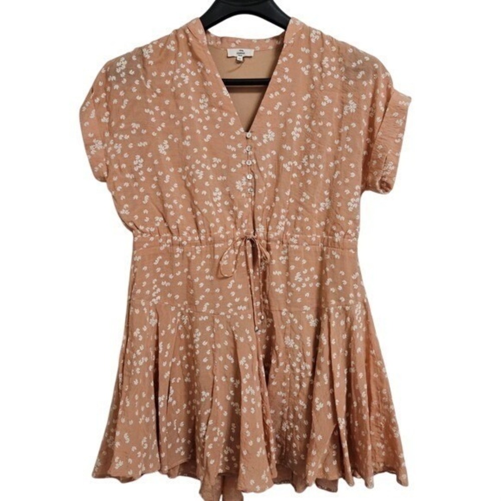 Entro Floral V-Neck Button Front Drawstring Waist Mini Dress Terracotta Womens M